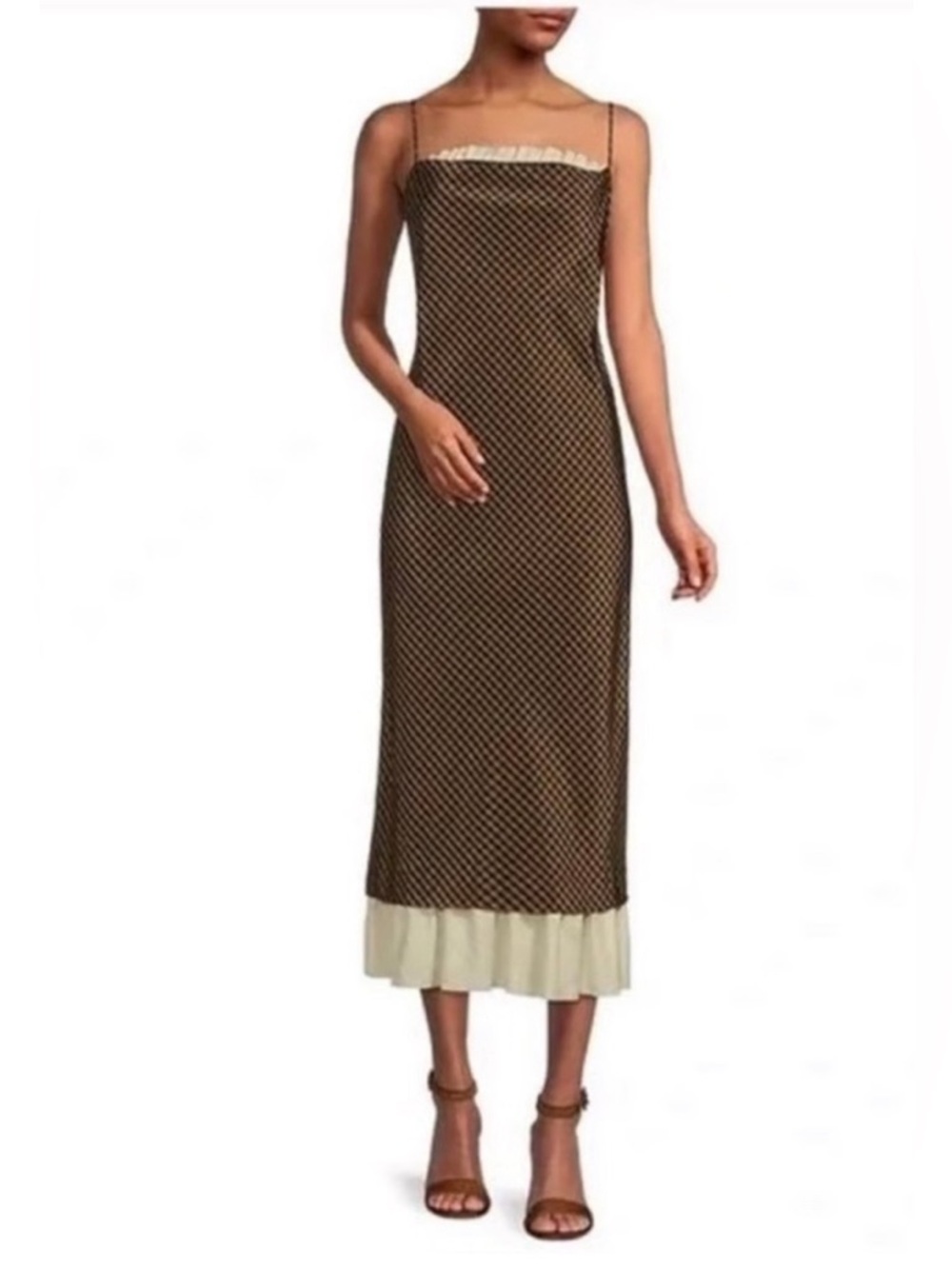 Antonio Melani Sleeveless Brown and black gingham Midi Dress with Cream Hem 4